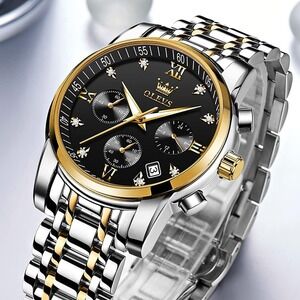 OLEVS Chronograph Watch Two Tone Silver Gold Black Dial Luxury 2858G New